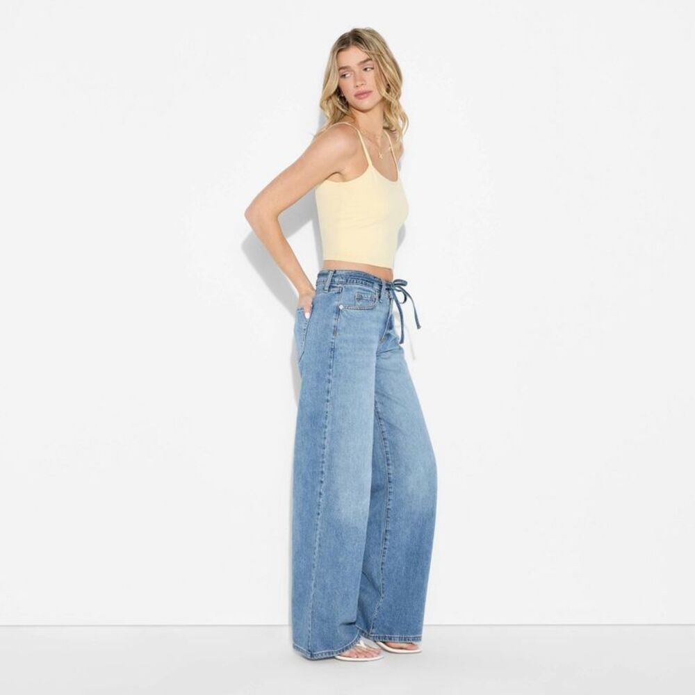wild fable Two-Tone Light Blue Wide Leg Jeans with Drawstring